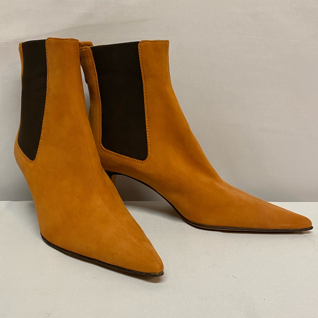 Lambertson Truex Orange Suede Pointy Toe Kitten Heels Ankle Boots 36.5 Euro 6 Us